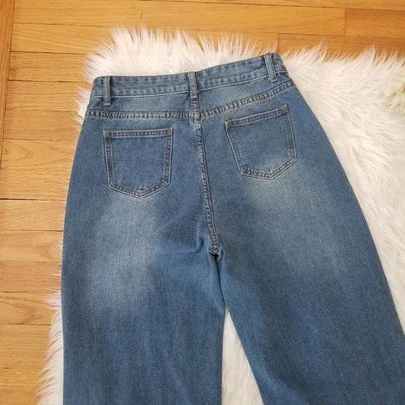 SHEIN High Waist Wide Leg Jeans with Holes on the Knees Color Washed Blue Size M - Picture 6 of 16
